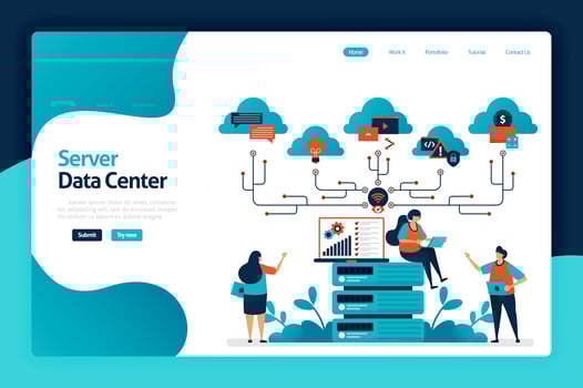 Server data center landing page design. data storage and analysis services in database, computing support and big data management services. vector illustration for poster, website, flyer, mobile app