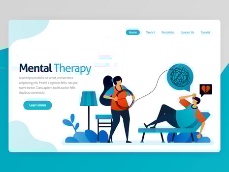 Illustration of mental therapy. Loneliness people counseling to psychiatrist to straighten line of life problems complicated. Vector cartoon for website homepage header landing web page template apps
