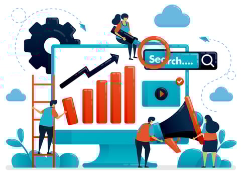 Optimize seo with advertising and planning strategies. Internet business development and research. Marketing and promotion. Flat vector human illustration for landing page, website, mobile, poster