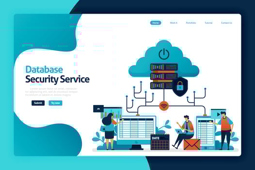 Database security service landing page design. safety internet data access, user privacy protection, firewall service for guard and control. vector illustration for poster, website, flyer, mobile app