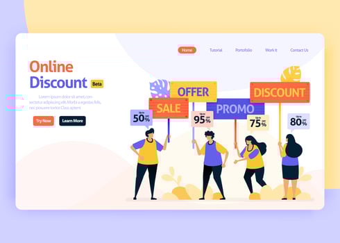 Vector illustration landing page for online discounts, promotions, social media ads, retail marketing. Special offers on digital e-commerce. For web, website, landing page, mobile app, flyer, brochure