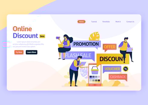 Vector illustration landing page for online discounts, promotions, social media ads, retail marketing. Special offers on digital e-commerce. For web, website, landing page, mobile app, flyer, brochure