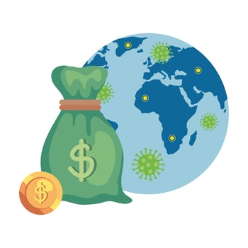 money bag with world planet and particles covid 19 vector