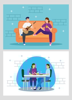 young couple eating and playing guitar in livingroom vector