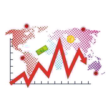 earth map of covid19 with statistics arrow and money vector