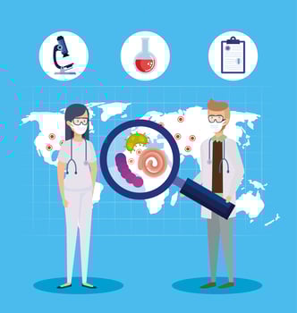 set poster of microbiology for covid 19 and medical icons vector