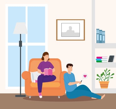 young couple reading book in livingroom vector
