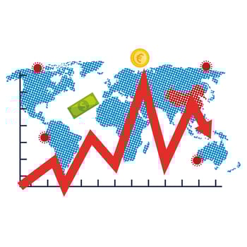 earth map of covid19 with statistics arrow and money vector