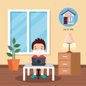 stay at home campaign with boy studying online vector
