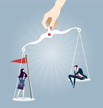 Businessman and businesswoman on scales - Business gender equality vector concept