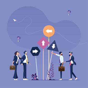 Right direction concept-Business group looks at many different directions sign vector