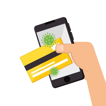 smartphone with credit card and particles covid 19 vector