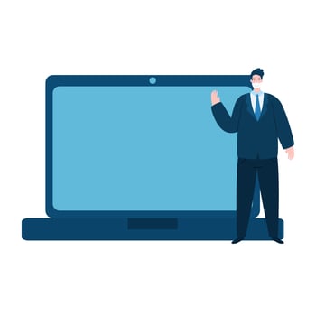 businessman using face mask with laptop isolated icon vector