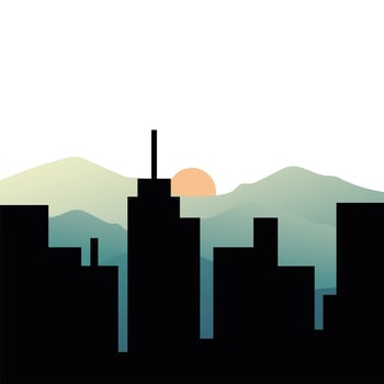 city buildings and sun on mountains vector design