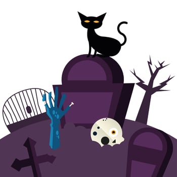 Halloween cat on grave and zombie hand design vector