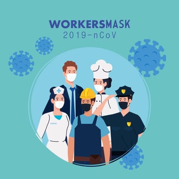 people workers with uniforms and worker masks vector design