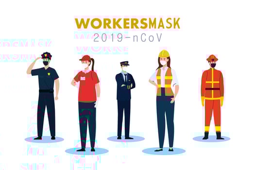 people workers with uniforms and worker masks vector design