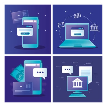 smartphone laptop computer and website with pay now button vector design