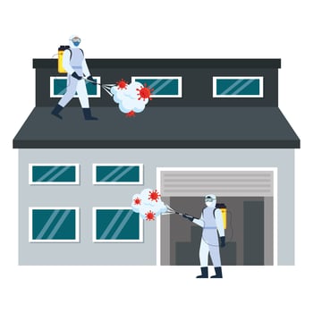 Men with protective suit spraying house with covid 19 virus vector design
