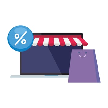 Laptop with tent bag and percentage sale button vector design