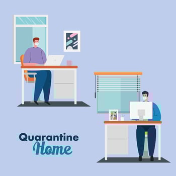 stay home work home, men protect yourself working at home, stay home on quarantine during the coronavirus vector