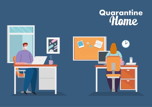 stay home work home, couple protect yourself working at home, stay home on quarantine during the coronavirus vector