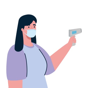 covid 19 coronavirus, woman holding infrared thermometer to measure body temperature vector