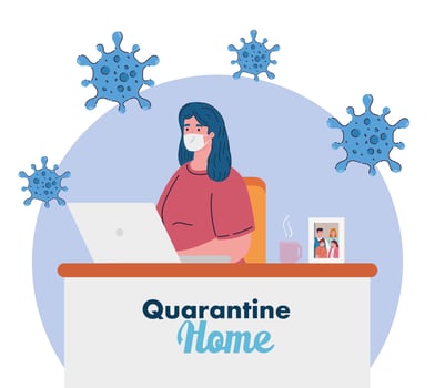 stay home work home, woman protect yourself working at home, stay home on quarantine during the coronavirus vector