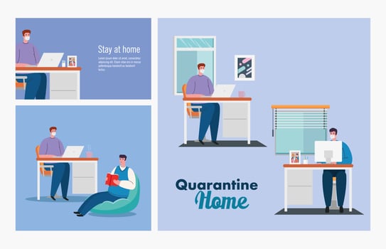 stay home, set scenes people, quarantine or self isolation vector