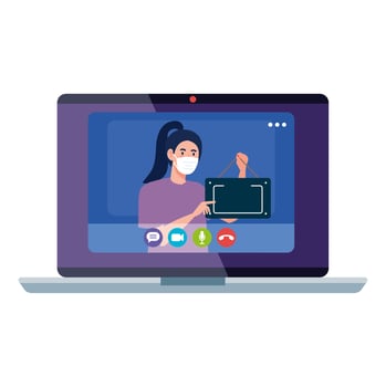 shopping online on website or mobile, woman wearing medical mask against covid 19 with sign hanging in laptop vector