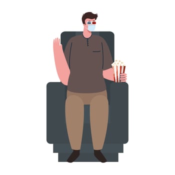 coronavirus prevention, man alone wearing medical mask, sitting in chair cinema vector