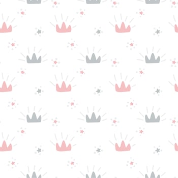 Vector seamless retro pattern with pink and gray crowns. scandinavian style isolated on white background for kids. Hand drawn cartoon illustration for posters, prints, cards, fabric, children books