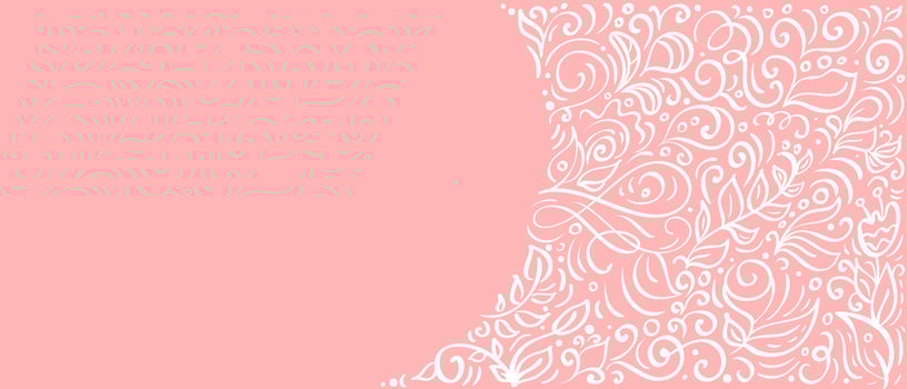 Vintage calligraphy leaves on pink background. Vector flourish elements with flowers banner for Valentines Day, wedding, birthday, greeting card with copy space for your text
