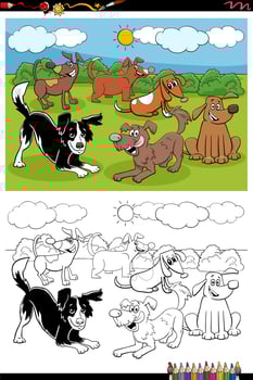 cartoon dogs group coloring book page vector