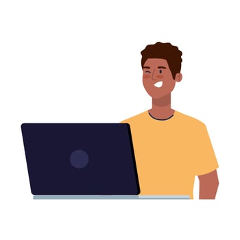 online party, man afro with laptop, have online party in quarantine, party web camera online holiday vector