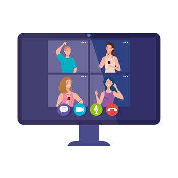 online party, meeting friends, women have online party together in quarantine, party web camera online holiday in computer vector