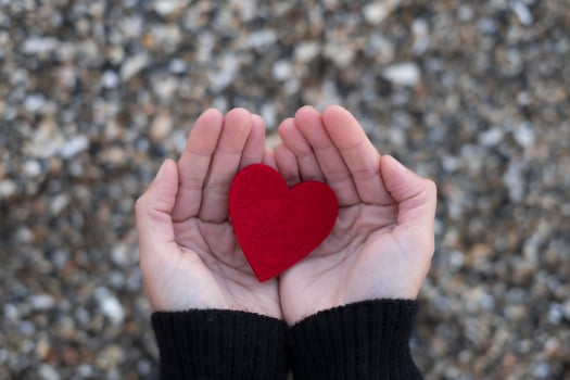 red heart between the hands of a woman on a background of beach stones.concept of san valentine photo