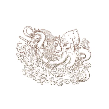 Neptune Fighting Giant Octopus Drawing vector