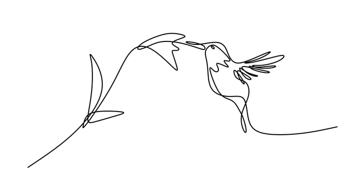 Continuous one line drawing of hummingbird minimalism drawing. Flying bird on flowers isolated on a white background. vector