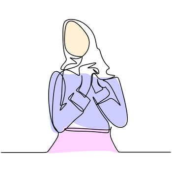 One single line drawing of young happy muslim lady with headscarf. vector