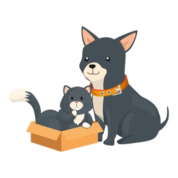 cute dog with cat in box carton vector