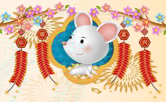 Happy Chinese new year for the rat with firecrackers vector
