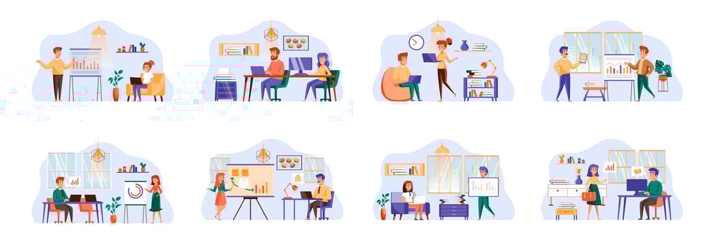 Content management bundle of scenes with flat people characters. vector