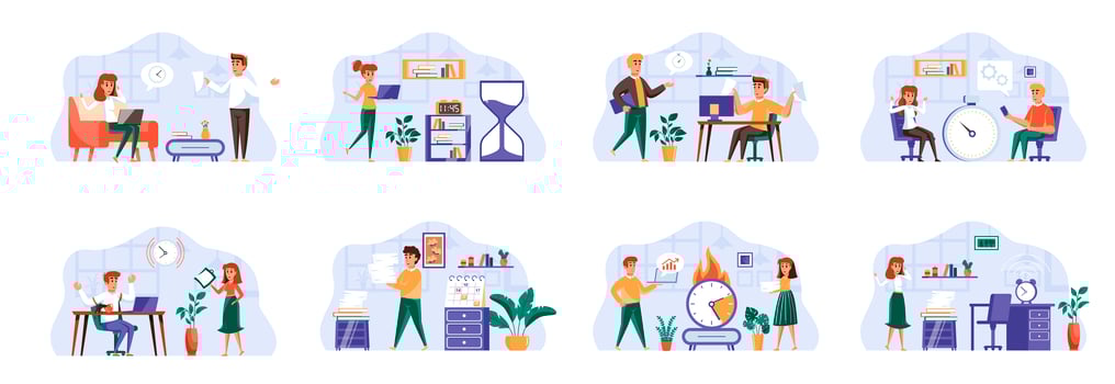 Deadline scenes bundle with people characters. vector