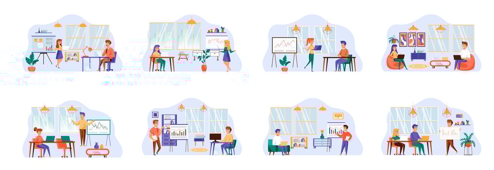 Office manager bundle of scenes with people characters. vector