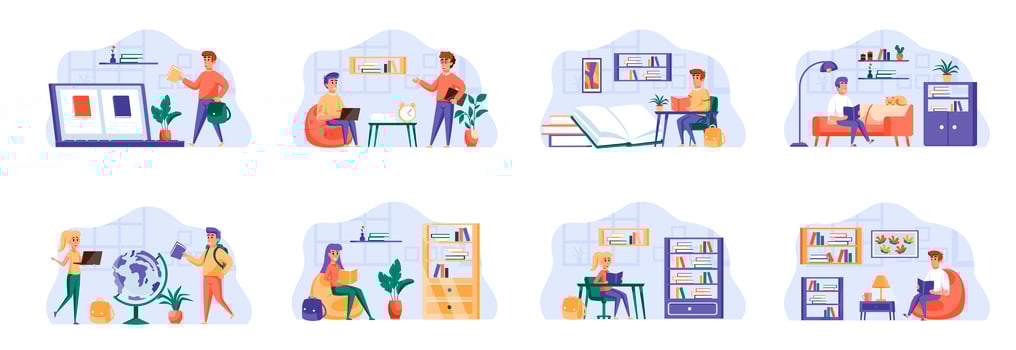 Education scenes bundle with people characters. vector