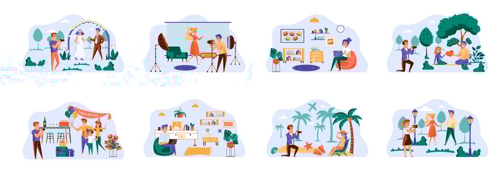 Designers and photographers bundle of scenes with people characters. vector