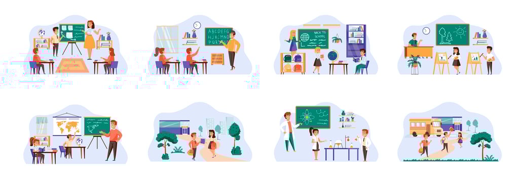 School learning bundle of scenes with flat people characters. vector