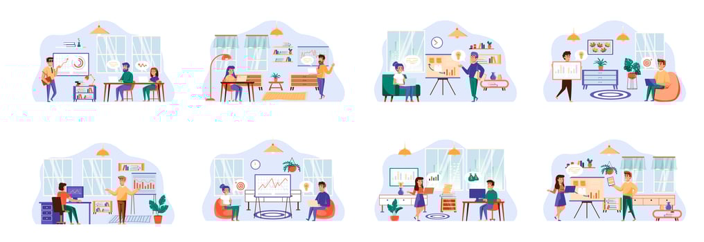 Business training bundle of scenes with flat people characters. vector