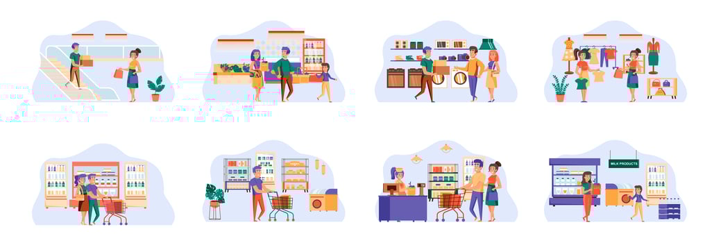 Shopping bundle of scenes with flat people characters. vector